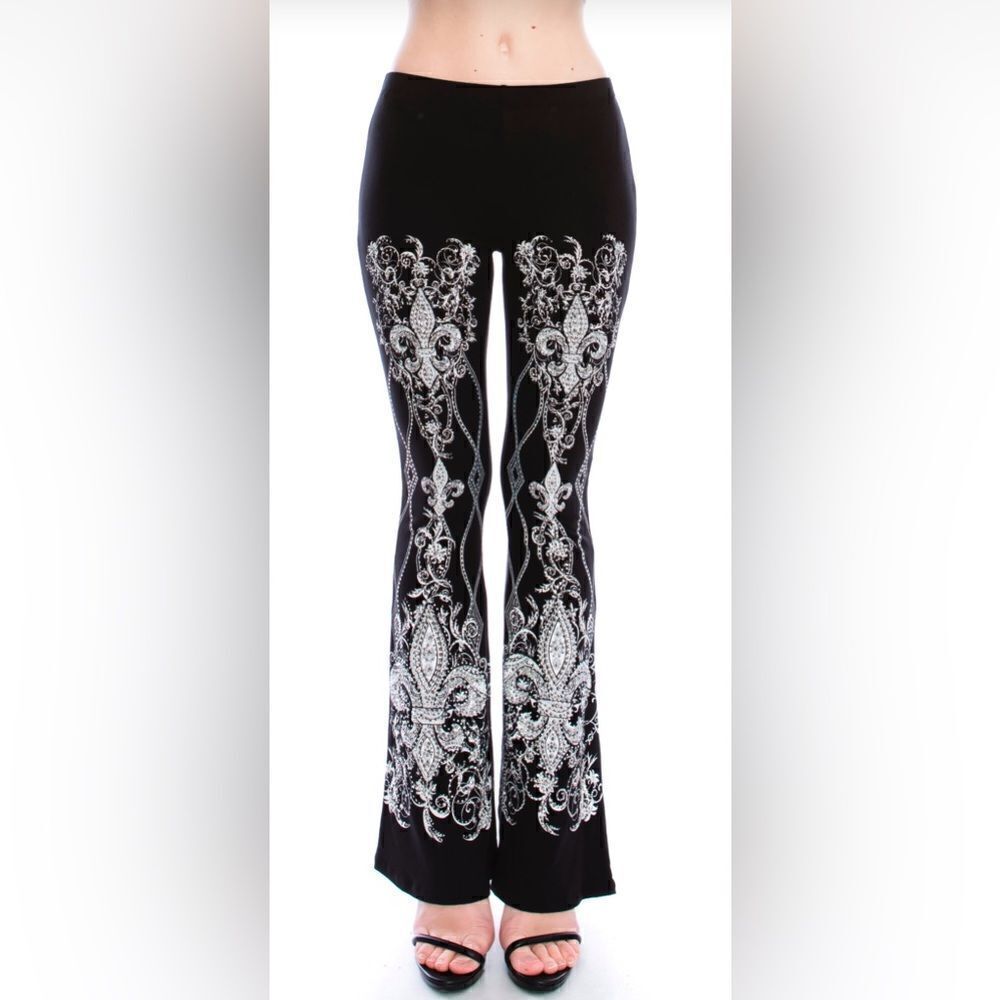 Vocal Double Graphic Fleur De Lis Rhinestone Bell Pants